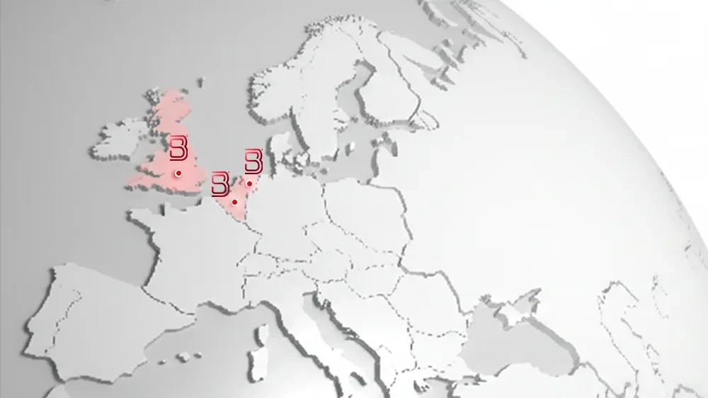 A greyscale map of Europe with red markers and the number 3 over the United Kingdom, Belgium, and Germany.
