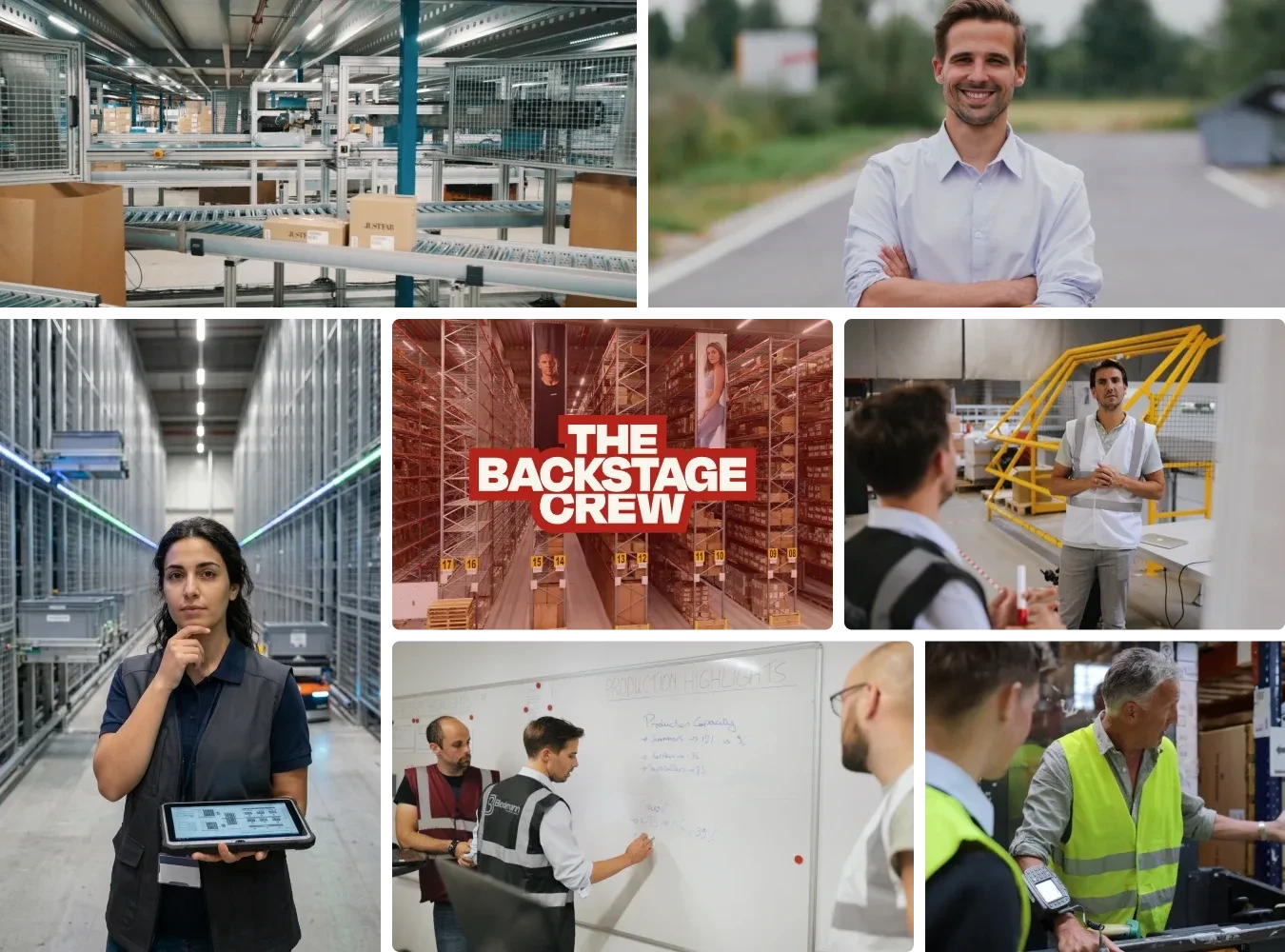 Collage showing warehouse workers managing inventory, using tablets, discussing at a whiteboard, and a man standing outside. Center text reads "The Backstage Crew.