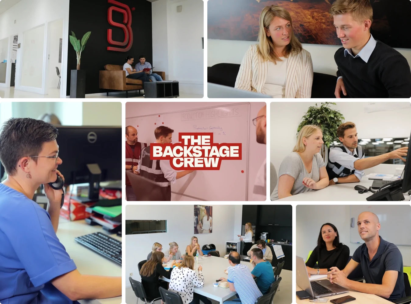 Collage of office scenes: people working at desks, having discussions, using computers, and writing on a whiteboard. Center text reads, “THE BACKSTAGE CREW.”.