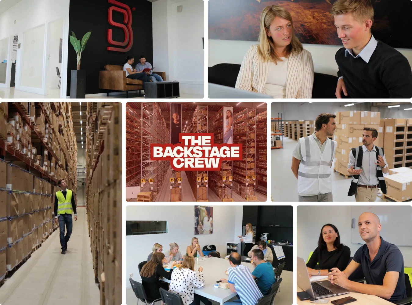 Collage of various scenes, including office interiors, a warehouse, and people in meetings.