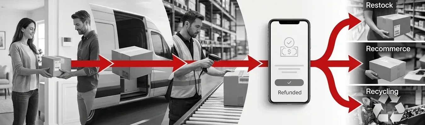 A customer returns a package, which is processed, scanned, and shown as refunded on a phone, then directed to restock, recommerce, or recycling.