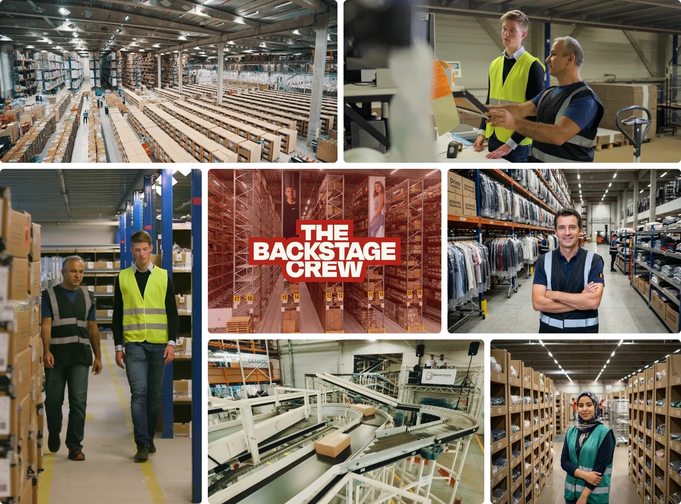 Collage of warehouse scenes, featuring staff in safety vests, organized shelving, and conveyor belts.