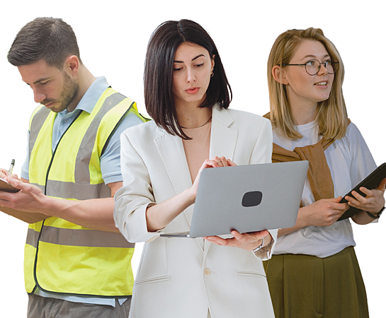 3 employees working. warehouse manager with safety vest, business manager with laptop and woman with tablet.