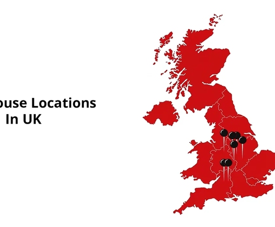 Red map of the UK with black location markers indicating warehouse locations in central and southern England; text reads "Warehouse Locations in UK.