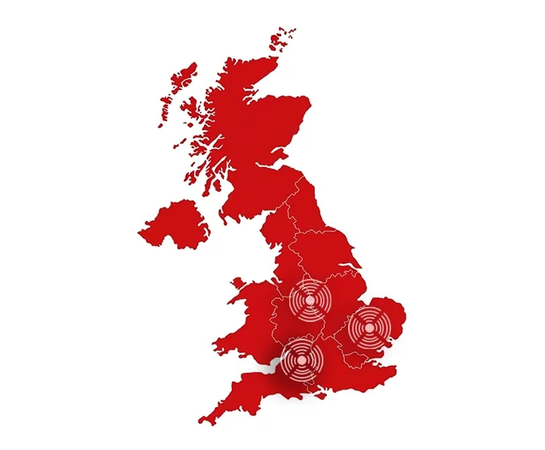 Red map of the United Kingdom with three target symbols located in southern and central England, indicating specific highlighted areas.
