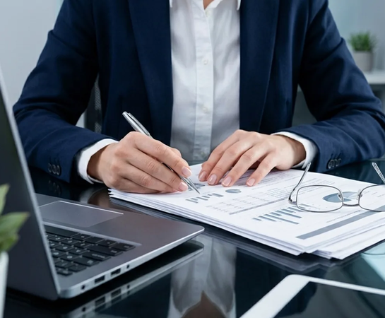 Person in a suit reviews and marks financial documents at a desk with a laptop, eyeglasses, plant, and coffee cup visible.