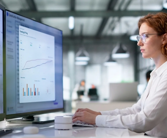 A woman in glasses works at a desk, analyzing graphs and charts on large computer monitors in a modern office setting.