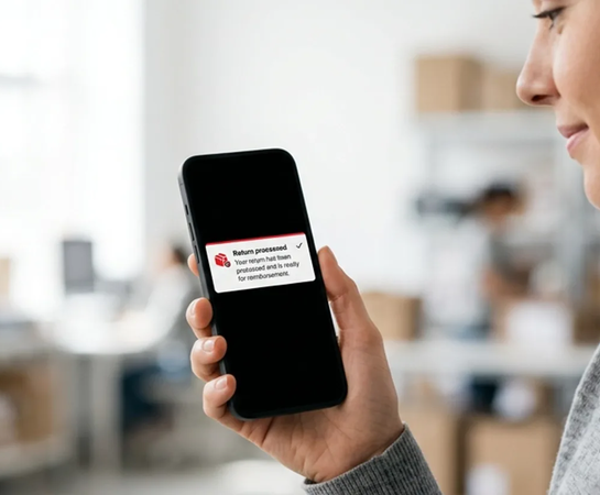 A person holds a smartphone displaying a notification that a return has been processed and is ready for reimbursement.