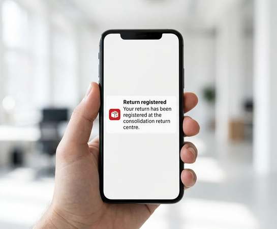 A hand holds a smartphone displaying a notification that a return has been registered at the consolidation return centre; office background is blurred.