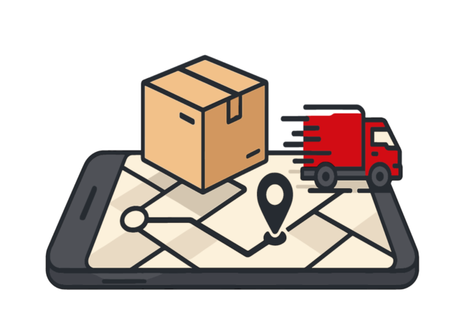 Illustration of a smartphone displaying a map with a route, a large cardboard box, and a red delivery truck, representing package delivery tracking.