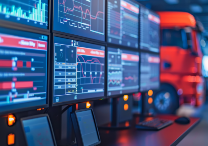 Multiple computer monitors display data and graphs in a control room environment, with a red truck visible in the background.