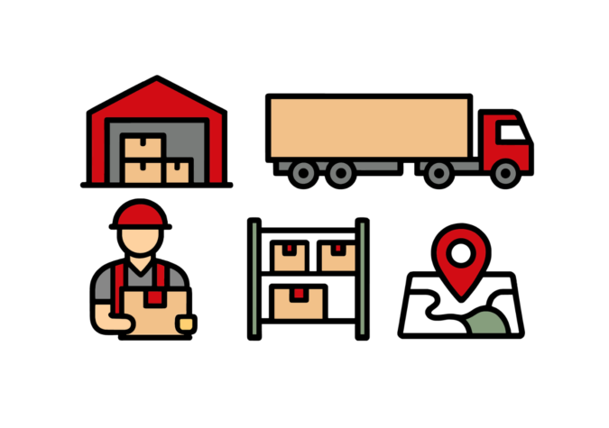 Icons representing a warehouse, a delivery truck, a worker holding a box, storage shelves with packages, and a map with a location pin.