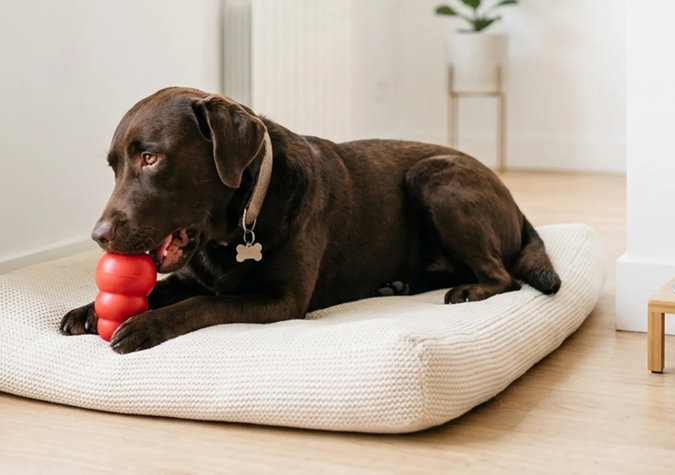A chocolate Labrador lies on a dog bed, chewing a red toy in a bright room with a plant and a bowl of dog food nearby.