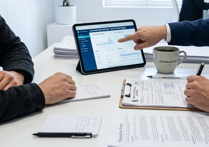 Two people at a desk review financial data on a tablet, with documents, a clipboard, notepad, and a coffee mug also on the table.