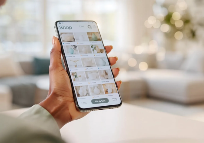 A person holding a smartphone displaying a shopping app with product thumbnails, in a bright, blurred living room setting.