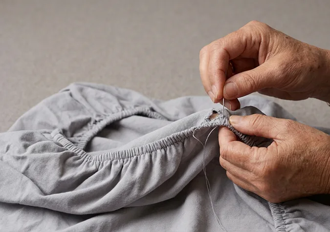 Close-up of hands mending a hole in a grey garment with a needle and thread.
