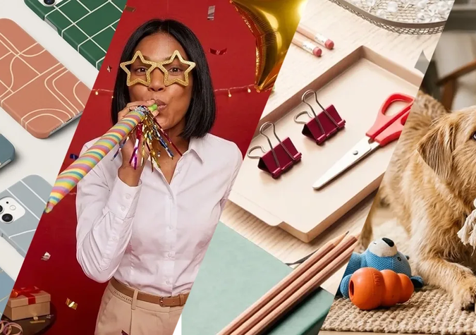 A collage shows phone cases, a woman at a party with a party blower, binder clips with scissors, and a dog playing with a rope toy next to other pet items.