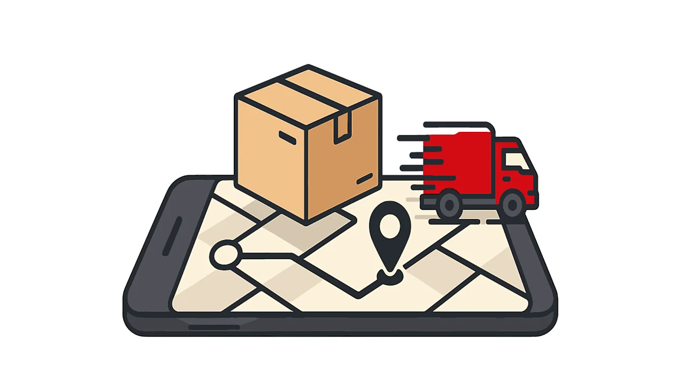 Illustration of a smartphone displaying a map with a route, a large cardboard box, and a red delivery truck, representing package delivery tracking.