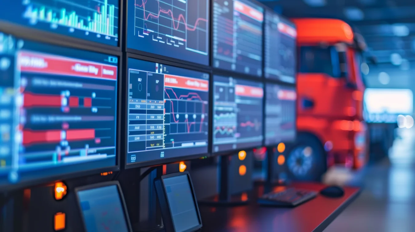 Multiple computer monitors display data and graphs in a control room environment, with a red truck visible in the background.