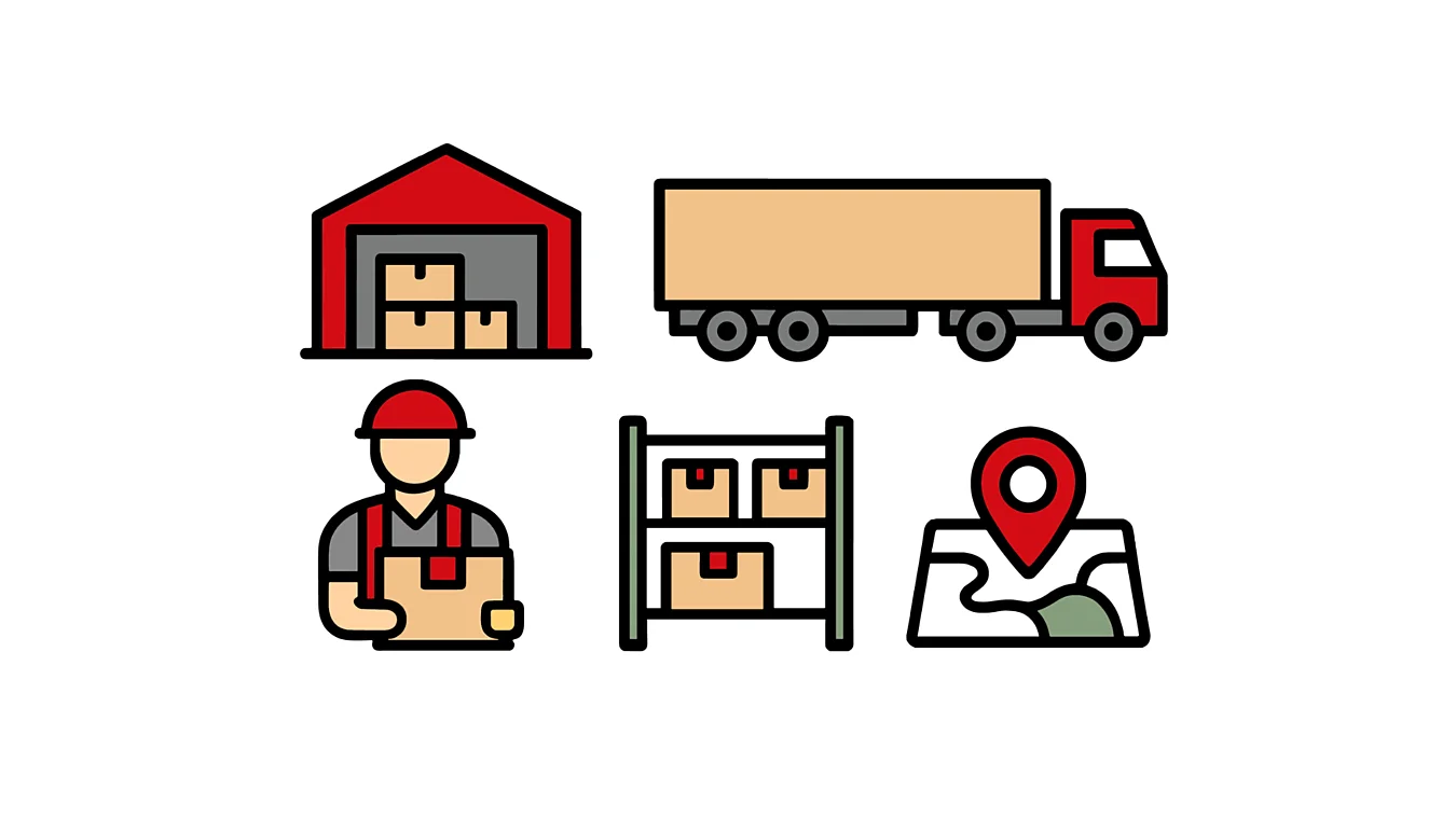 Icons representing a warehouse, a delivery truck, a worker holding a box, storage shelves with packages, and a map with a location pin.