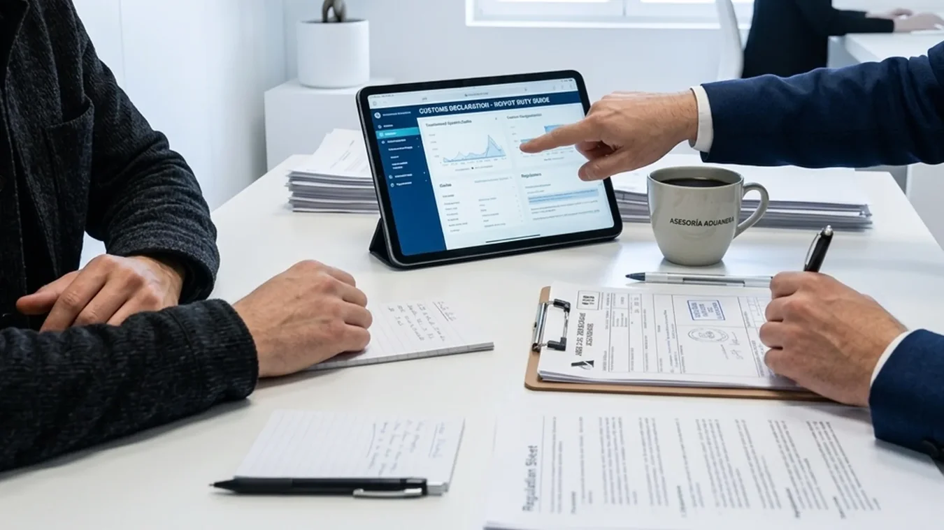 Two people at a desk review financial data on a tablet, with documents, a clipboard, notepad, and a coffee mug also on the table.
