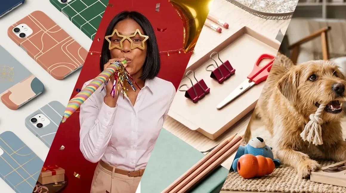 A collage shows phone cases, a woman at a party with a party blower, binder clips with scissors, and a dog playing with a rope toy next to other pet items.