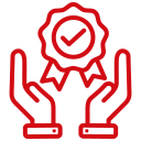 Two outlined hands hold a ribbon adorned with a check mark, symbolizing approval or quality assurance. The design is in red.