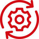 Red gear with two circular arrows around it, representing process automation or workflow cycle.