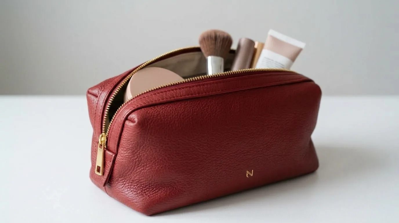 A red leather makeup bag with a gold zipper, opened to reveal various cosmetics and makeup brushes inside, placed on a white surface.