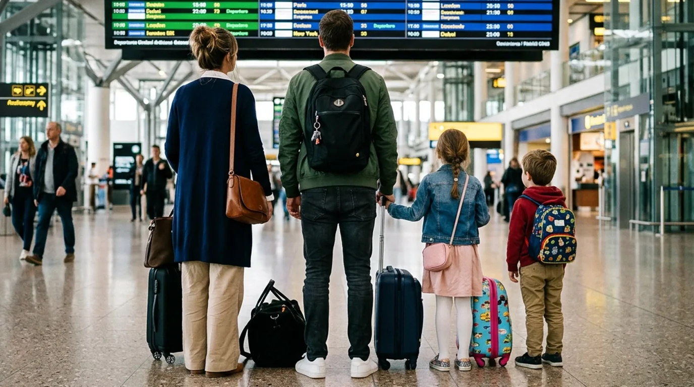 A family of four with luggage stands in an airport terminal, facing a large departures board overhead.