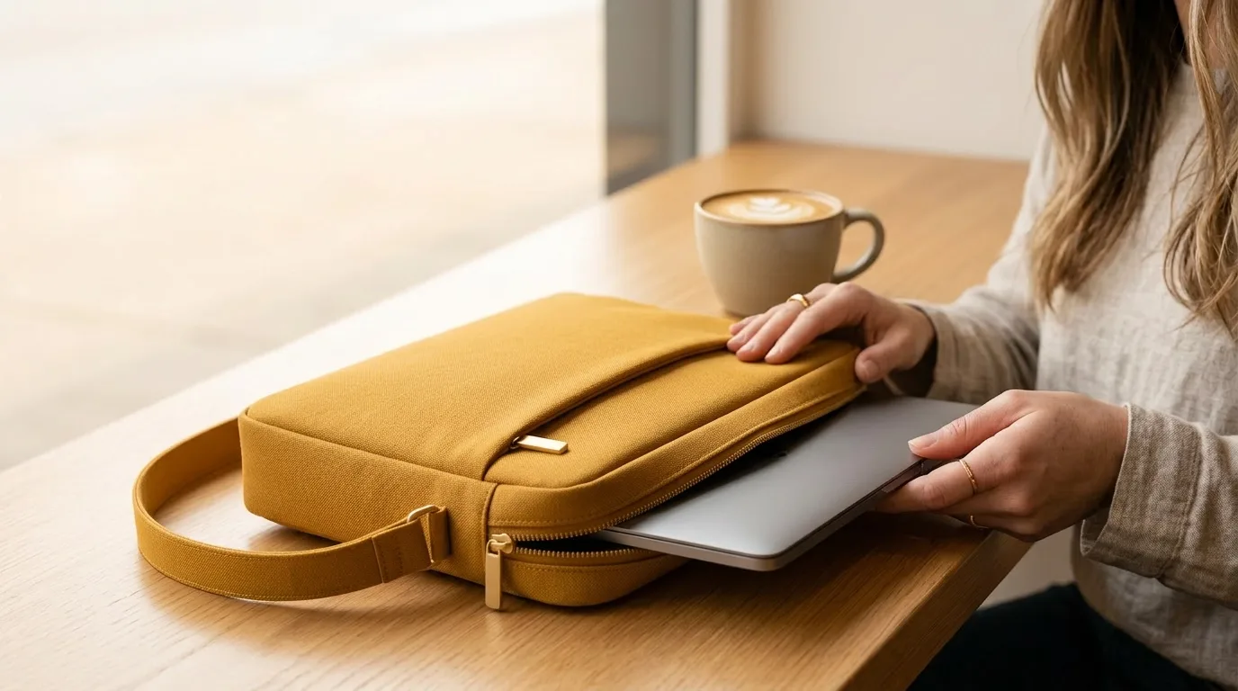 A person places a laptop into a yellow bag on a wooden table with a cup of coffee nearby.