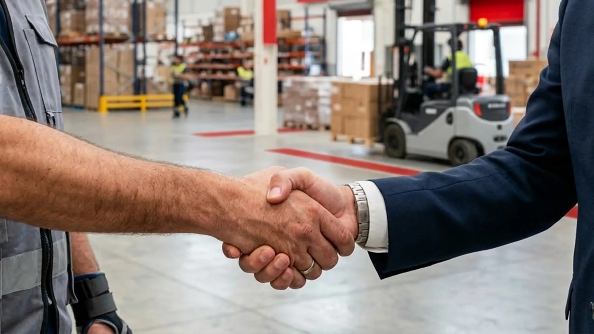 Two people shake hands in a warehouse, with shelves, boxes, and a worker driving a forklift visible in the background.
