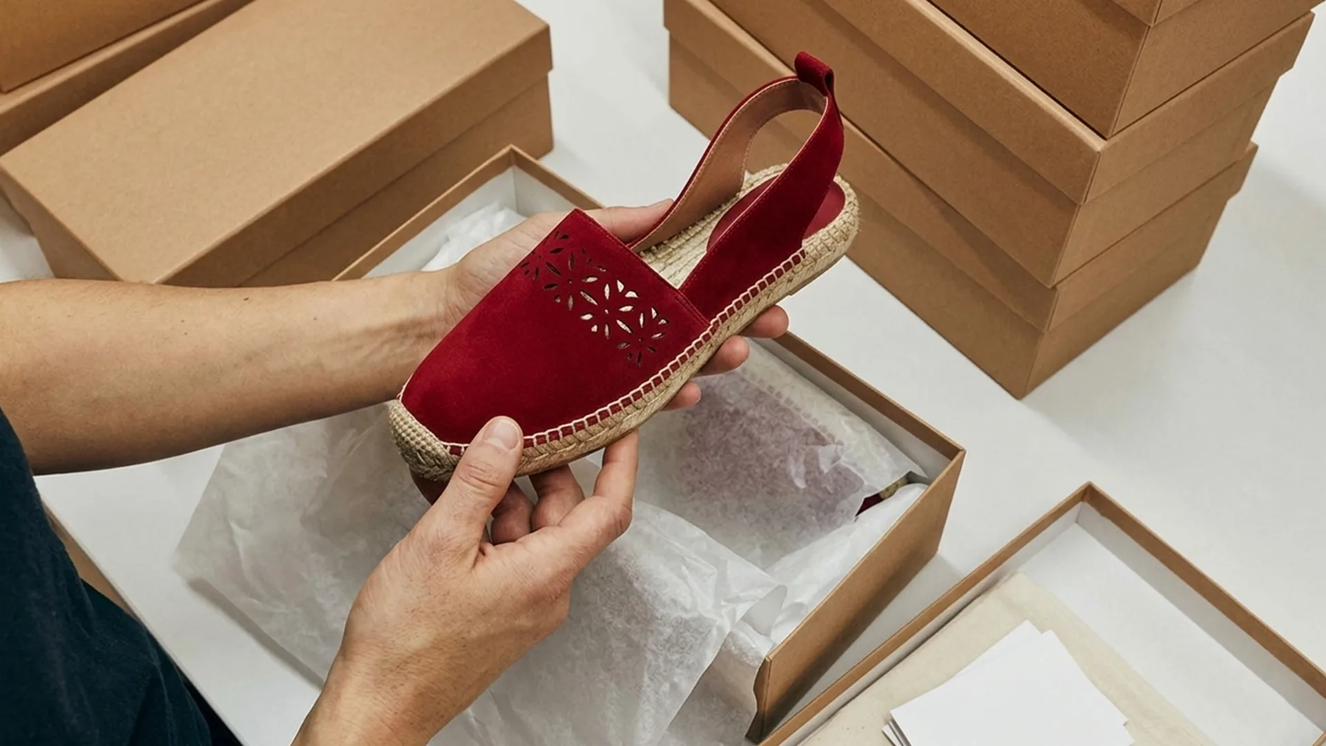 Hands holding a red espadrille with a cut-out pattern above an open shoe box, surrounded by other closed cardboard boxes.