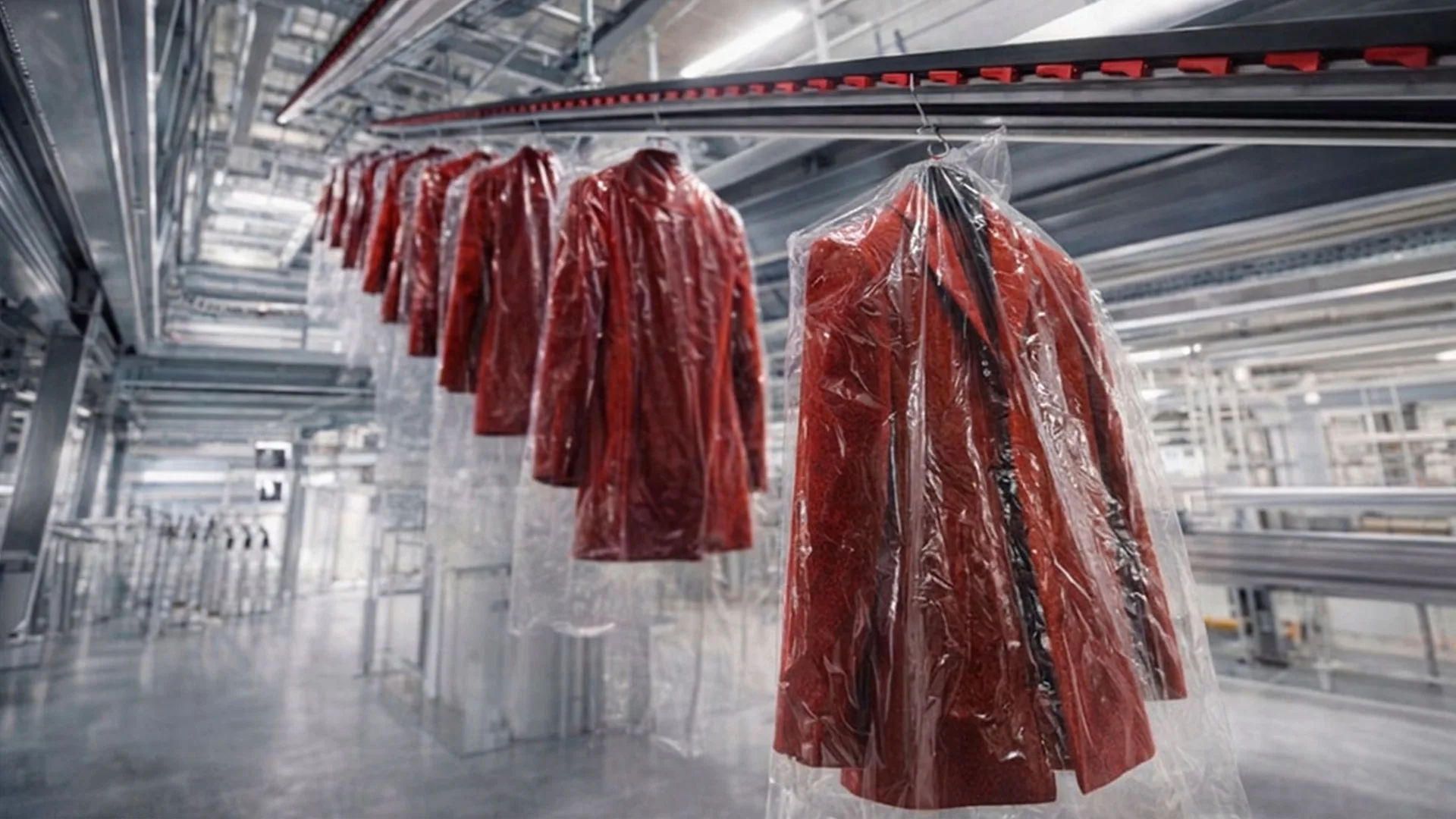 Red jackets covered in plastic hang on an automated conveyor system inside a modern industrial facility.