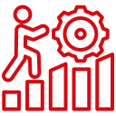 Red outlined icon of a person climbing upward on bar graph steps toward a gear, symbolizing progress, growth, or business development.