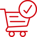 Red outline of a shopping cart with a large checkmark inside a circle at the top right, on a light background.