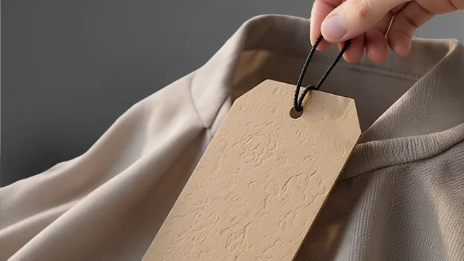 A hand holds a string attached to a blank brown tag on a beige garment, which appears to be a hoodie.