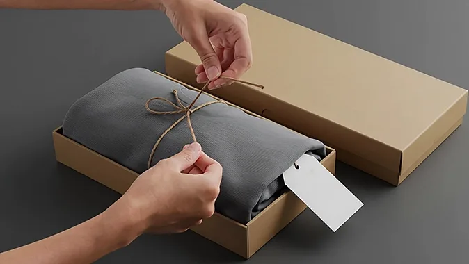 Hands tying twine around a folded gray fabric item inside a cardboard box with a blank tag on a gray surface.