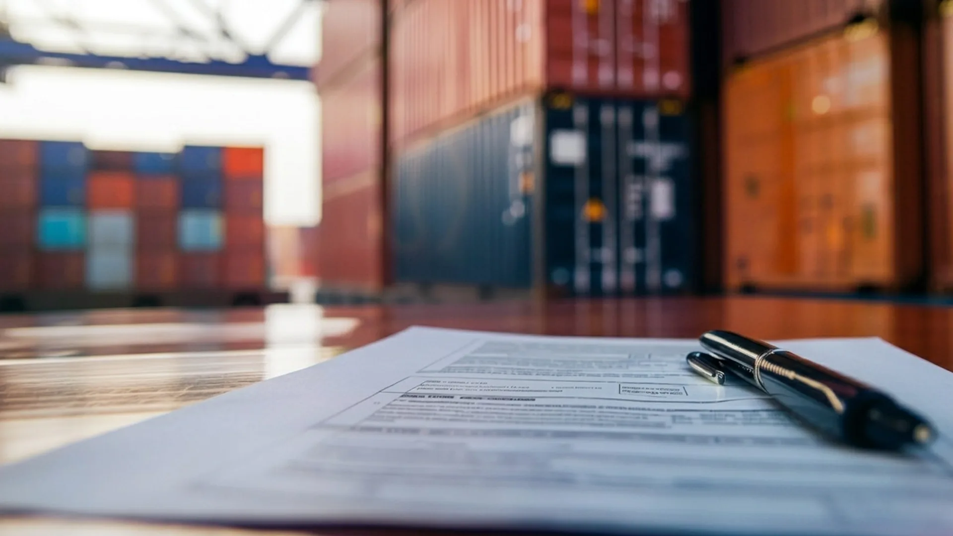 A pen and documents on a table in the foreground with stacked shipping containers blurred in the background at a port or storage facility.