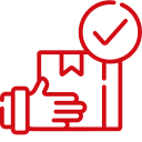 Red outline icon of a hand holding a package with a check mark above it, symbolizing package delivery or approval.
