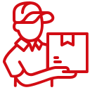 Red line drawing of a delivery person wearing a cap and holding a package.