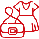 Red line drawing of a short-sleeved dress and a handbag.