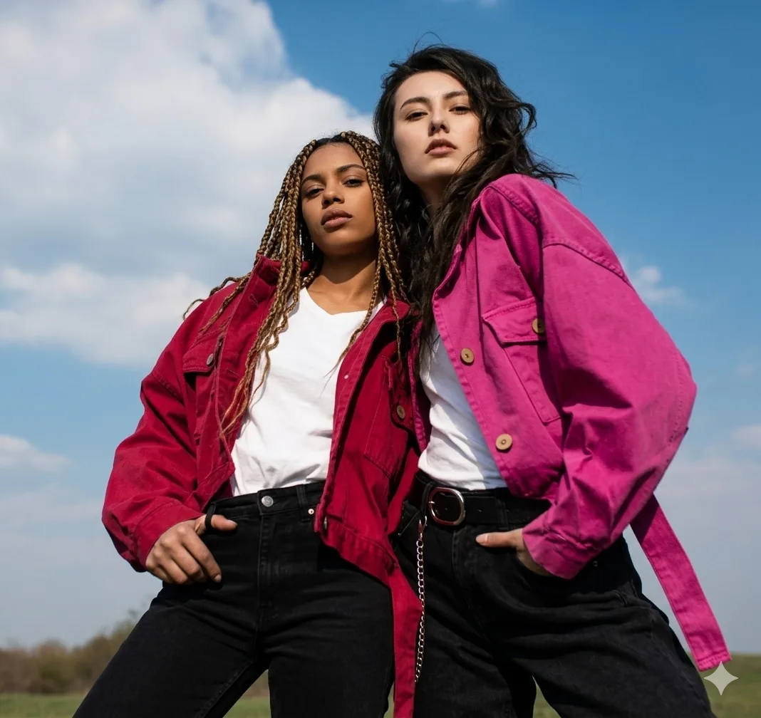 Two women stand outdoors wearing white shirts, black pants, and bright jackets—one red, one pink—posing confidently against a blue sky with clouds.