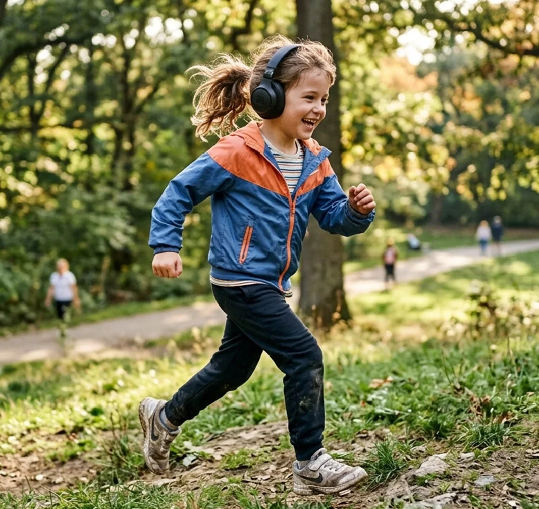 A young child wearing headphones and a blue jacket runs outdoors on a grassy path with trees and people in the background.