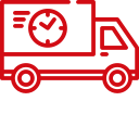 Red outline of a delivery truck with a clock symbol on its side, indicating punctual or scheduled delivery service.