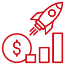 Red icon showing a dollar sign, a bar graph, and a rocket launching upward, symbolizing financial growth or business success.
