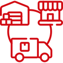 Red line icons of a warehouse, a store, and a delivery truck connected by a circular line, representing a supply chain or delivery process.
