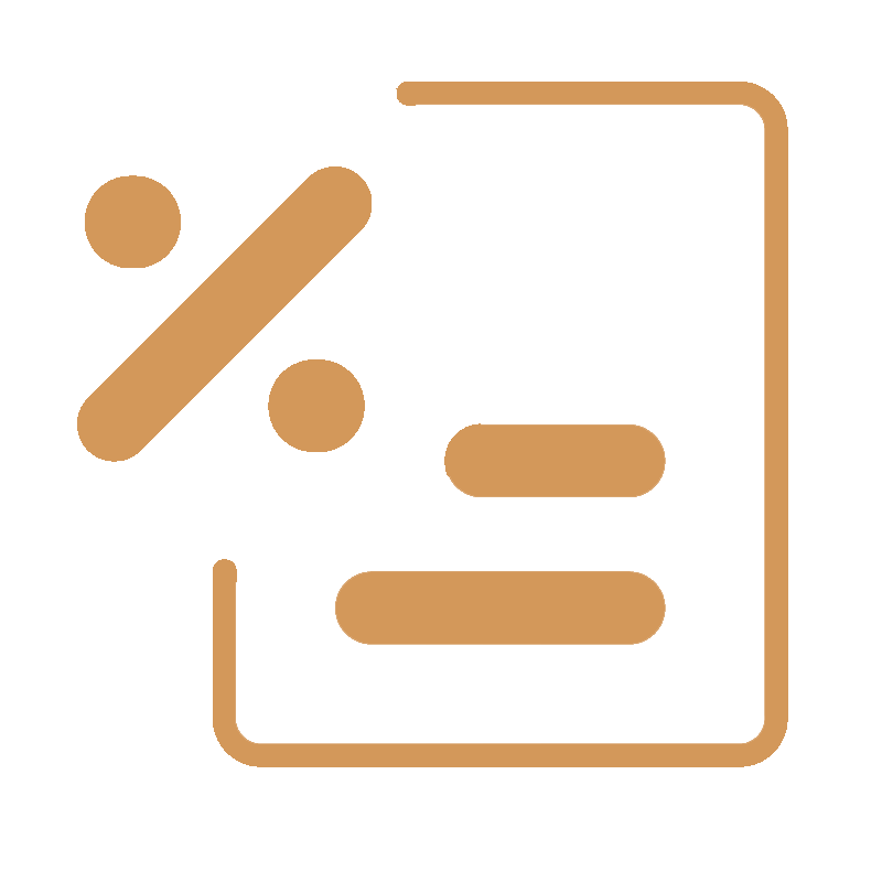 An orange icon of a percentage symbol and two horizontal lines inside an outlined document on a light gray background.