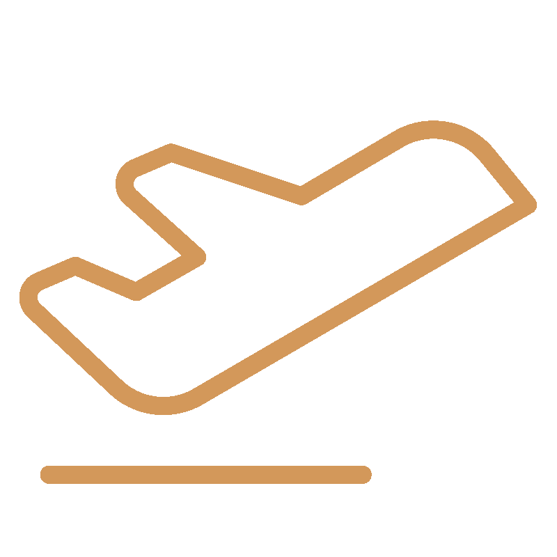 A simple brown line drawing of an airplane taking off, with the plane angled upward above a horizontal line representing the ground.