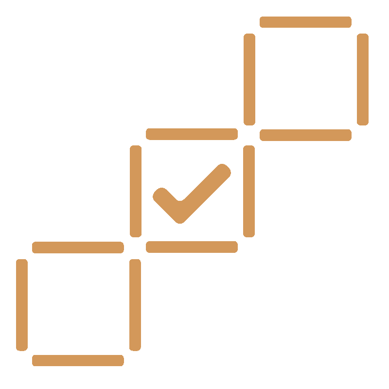Four outlined squares are arranged diagonally, with the second square containing a check mark. The image uses a simple, brown line design on a light background.